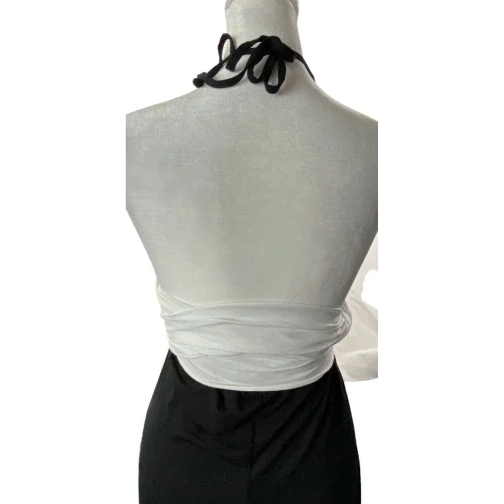 VENUS Women Maxi Dress Size L Black‎ White Halter Wrap Detail Unique 4-8